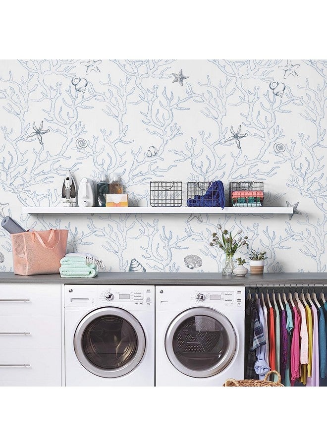 WENMER Coastal Wallpaper Peel And Stick 17.3" X 1181" White And Light Blue Contact Paper Coral Seashell Starfish Wallpaper Self Adhesive Beach Ocean Wallpaper For Bathroom Cabinets Decor  - Image 5
