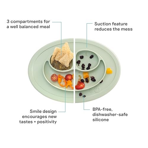 ezpz Mini Mat - 100% Food Grade Silicone Suction Divided Plate with Built-in Placemat for Infants + Toddlers Promotes Baby Self-Feeding for Highchair, Dining Table - Microwave Safe - 6Months+ (Sage) - Image 2