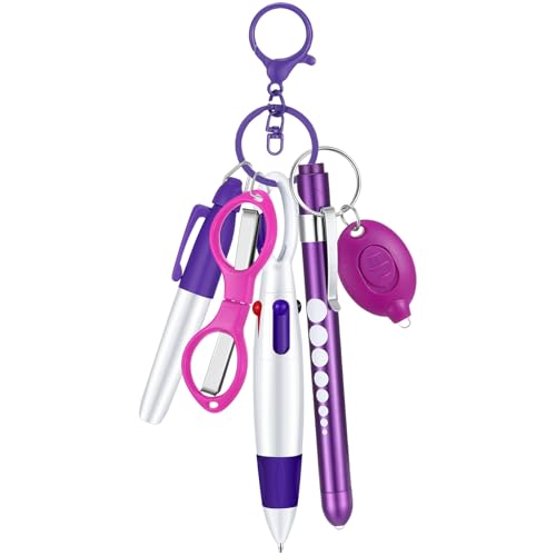 MotiMind 6 Pcs Nurse Pen Set Include Permanent Marker Pen Retractable Ballpoint Pen Keychain Clip Foldable Scissors Lights LED Flashlight Keychain for Nurse Accessories(Purple) - Image 1