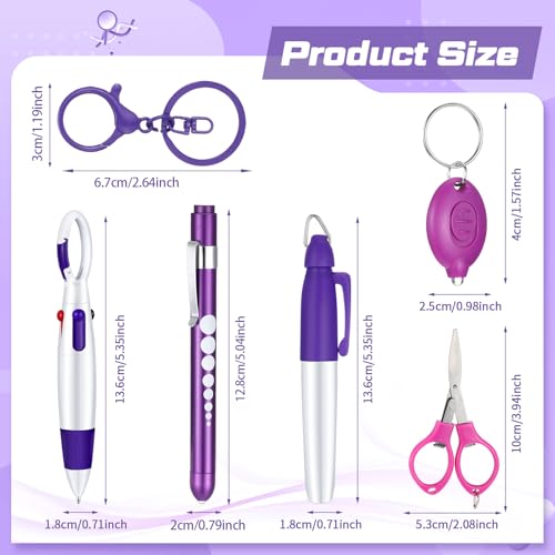 MotiMind 6 Pcs Nurse Pen Set Include Permanent Marker Pen Retractable Ballpoint Pen Keychain Clip Foldable Scissors Lights LED Flashlight Keychain for Nurse Accessories(Purple) - Image 2