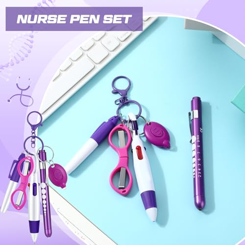 MotiMind 6 Pcs Nurse Pen Set Include Permanent Marker Pen Retractable Ballpoint Pen Keychain Clip Foldable Scissors Lights LED Flashlight Keychain for Nurse Accessories(Purple) - Image 4