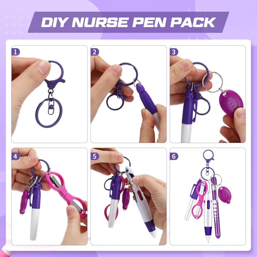 MotiMind 6 Pcs Nurse Pen Set Include Permanent Marker Pen Retractable Ballpoint Pen Keychain Clip Foldable Scissors Lights LED Flashlight Keychain for Nurse Accessories(Purple) - Image 5