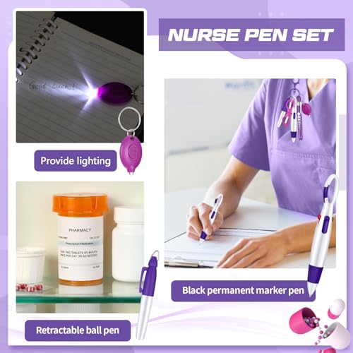 MotiMind 6 Pcs Nurse Pen Set Include Permanent Marker Pen Retractable Ballpoint Pen Keychain Clip Foldable Scissors Lights LED Flashlight Keychain for Nurse Accessories(Purple) - Image 3
