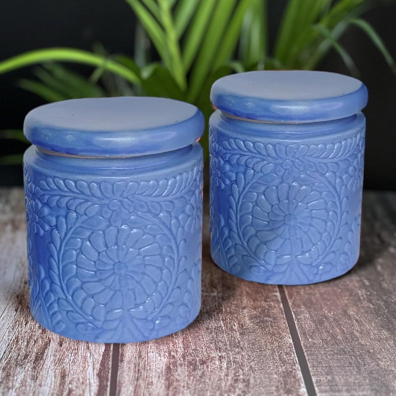 BACKKSPACE RETAIL Ceramics Storage Jars Set of 2 Each with 1kg Capacity Dark Blue Ideal for Organizing and Storing Kitchen Essentials Jars for Dining Table Salt Containers Sugar Storage - Image 1