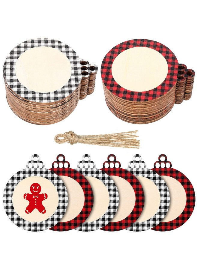 Jetec 60 Pieces Christmas Wooden Ornaments For Craft Unfinished Wood Buffalo Plaid Discs Wooden Circles Christmas Ornaments Wood Slices For Crafts Christmas Decor (Redblack Blackwhite) - Image 1