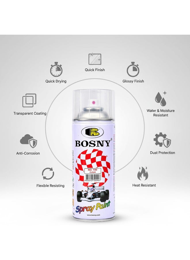 Bosny 2 pcs Bosny Clear Spray Paint Transparent Gloss Finish Fast Dry Multipurpose Coating for Metal Wood Plastic Automotive Touch Up Protective Top Coat 400ml - Image 4