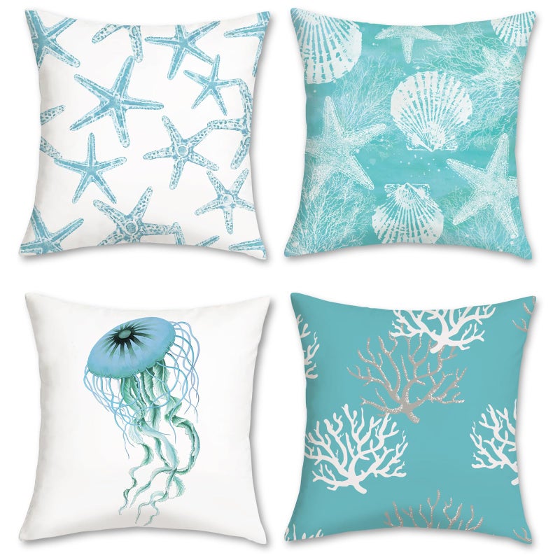 Bonhause Turquoise Coastal Pillow Covers 18x18 Inch Set of 4 Beach Starfish Seashell Ocean Coral Jellyfish Pillow Cases Soft Velvet Outdoor for Sofa Couch Car Bedroom Home Decor