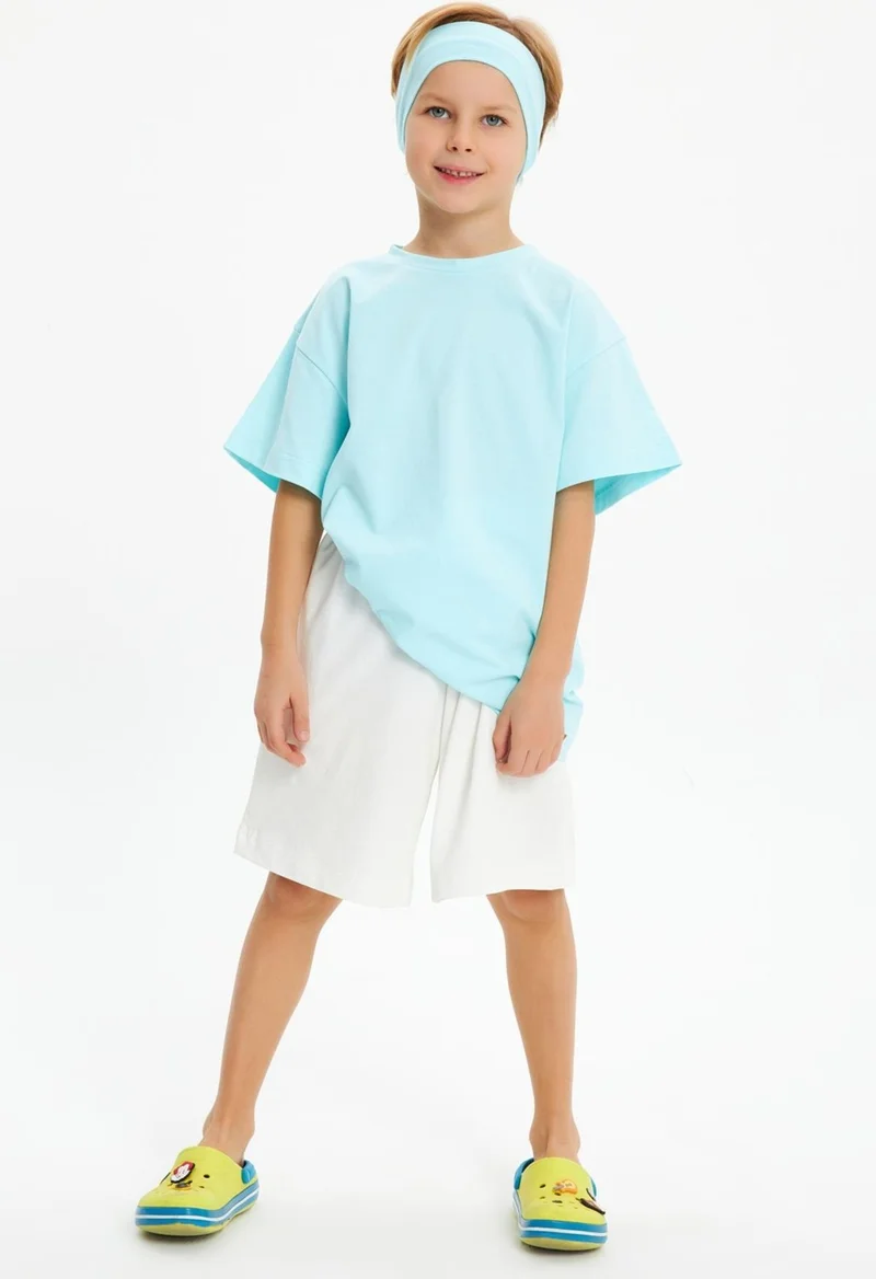Babygiz Ice Blue-Ice Blue Boy's Cotton Combed Oversize Ice Blue T-Shirt Bandana Double Set