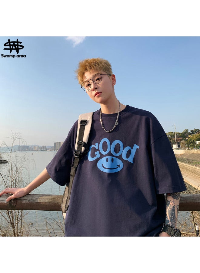 Swamp Area Short-sleeve T-shirt Couple Outfit For Men And Women, Summer Casual Simple Loose Versatile Half-sleeve Top Sw012 Navy Blue XL - Image 1