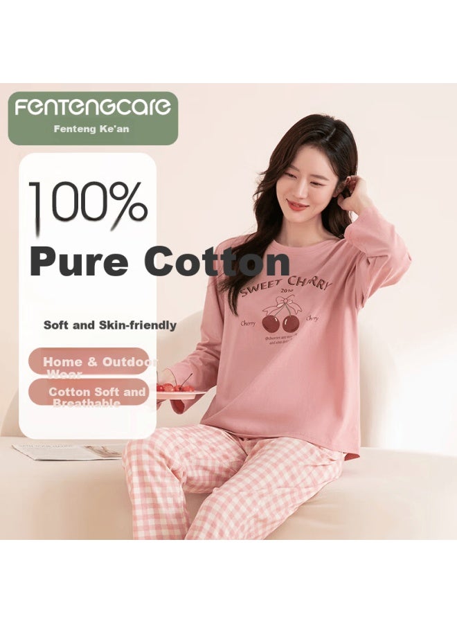 Fentengcare Women's Pajamas Spring Autumn New Pure Cotton Soft Casual Round Neck Homewear Set - Image 1