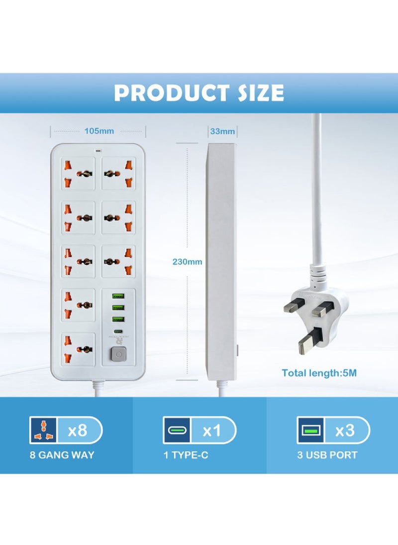 2 Meters Universal Extension Lead with Multiple Function UK Plug 3 Pin Socket Outlet with 8 Gang 3 USB Port 1 Type-C Port 2M Electric Socket Mains Strip for Home Kitchen and Office