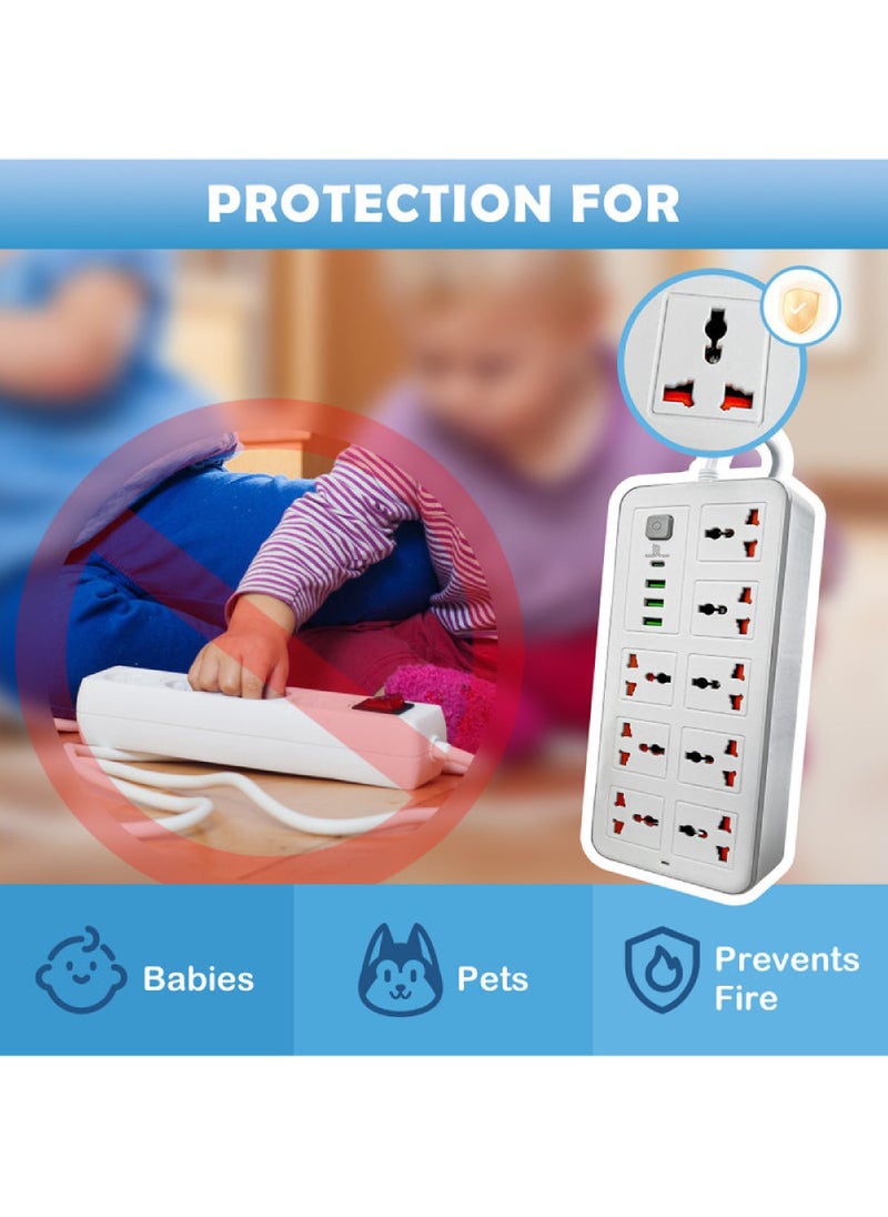 2 Meters Universal Extension Lead with Multiple Function UK Plug 3 Pin Socket Outlet with 8 Gang 3 USB Port 1 Type-C Port 2M Electric Socket Mains Strip for Home Kitchen and Office