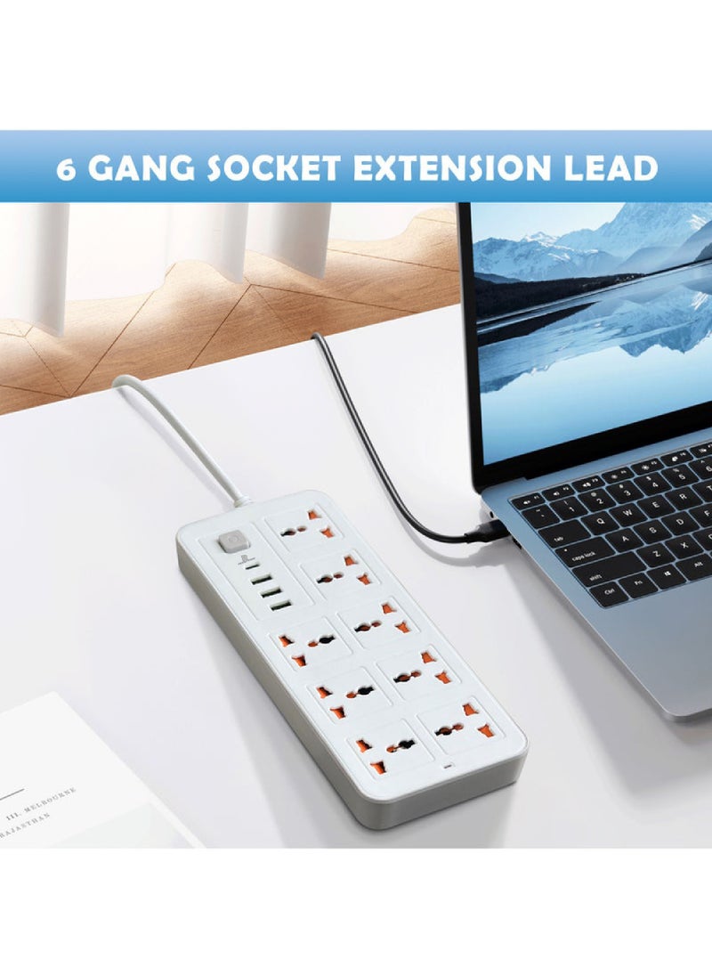 2 Meters Universal Extension Lead with Multiple Function UK Plug 3 Pin Socket Outlet with 8 Gang 3 USB Port 1 Type-C Port 2M Electric Socket Mains Strip for Home Kitchen and Office