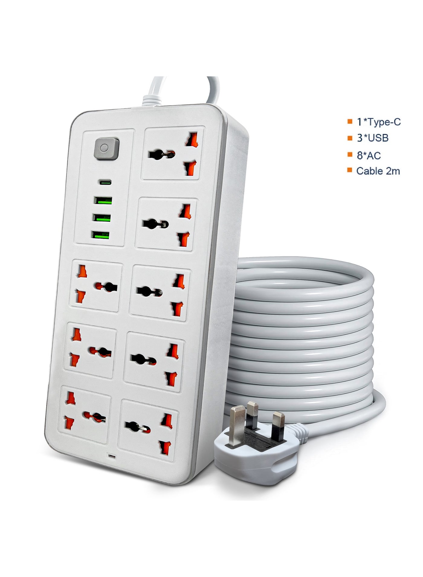 2 Meters Universal Extension Lead with Multiple Function UK Plug 3 Pin Socket Outlet with 8 Gang 3 USB Port 1 Type-C Port 2M Electric Socket Mains Strip for Home Kitchen and Office