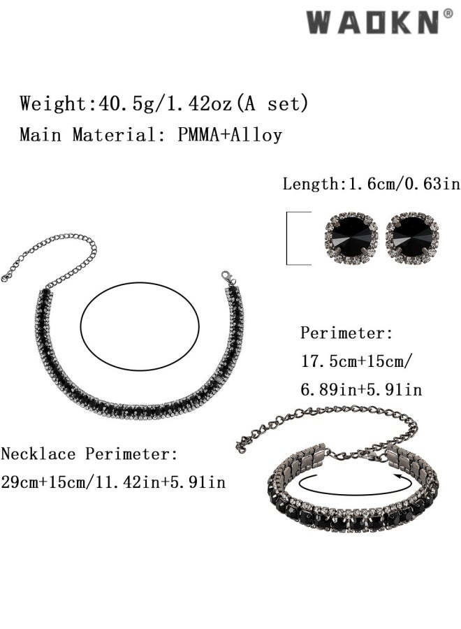 WAOKN 3 pcs Women Rhinestone Crystal Jewelry Set Crystal Tennis Design Rhinestone Choker Necklace Link Bracelet Teardrop Earrings Set Wedding Bridal Bridesmaids Party, Bracelet, earring, necklace set, black. - Image 5
