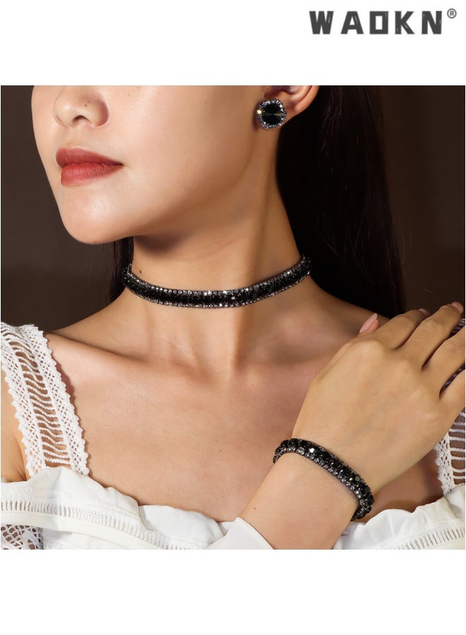 WAOKN 3 pcs Women Rhinestone Crystal Jewelry Set Crystal Tennis Design Rhinestone Choker Necklace Link Bracelet Teardrop Earrings Set Wedding Bridal Bridesmaids Party, Bracelet, earring, necklace set, black. - Image 4