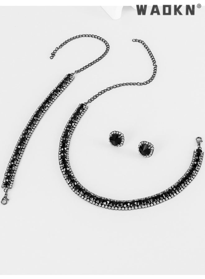 WAOKN 3 pcs Women Rhinestone Crystal Jewelry Set Crystal Tennis Design Rhinestone Choker Necklace Link Bracelet Teardrop Earrings Set Wedding Bridal Bridesmaids Party, Bracelet, earring, necklace set, black. - Image 2