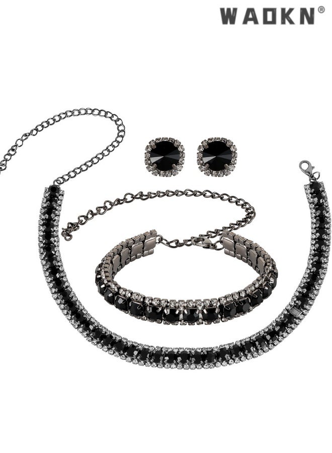 WAOKN 3 pcs Women Rhinestone Crystal Jewelry Set Crystal Tennis Design Rhinestone Choker Necklace Link Bracelet Teardrop Earrings Set Wedding Bridal Bridesmaids Party, Bracelet, earring, necklace set, black. - Image 1