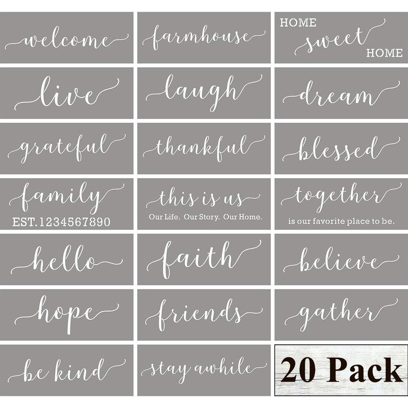 Family Farmhouse Stencils for Painting on Wood  20 Pack Large Inspirational Words Quotes Saying Sign Stencil Templates Welcome Believe Blessed Thankful and More Reusable Letter Stencils for Walls