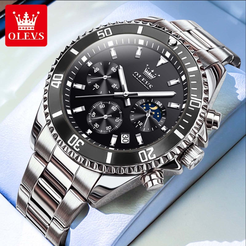 OLEVS Watch Men Silver Stainless Steel Watches for Men Luxury Chronograph Male Watch Black Dial Men's Wristwatch reloj para Hombre - Image 3