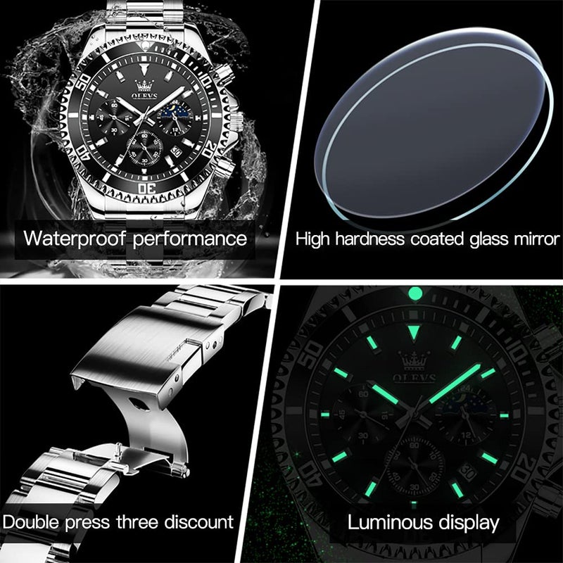 OLEVS Watch Men Silver Stainless Steel Watches for Men Luxury Chronograph Male Watch Black Dial Men's Wristwatch reloj para Hombre - Image 4