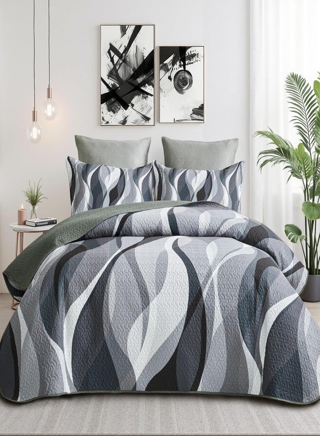 weesire Classic Line Pattern Bedding Quilt King Size Modern Grey Black and White Stripe Quilt with 2 Shams, Gray and White Comforter Sets Lightweight Breathable Bedspreads Coverlet, 96''x106'' - Image 1