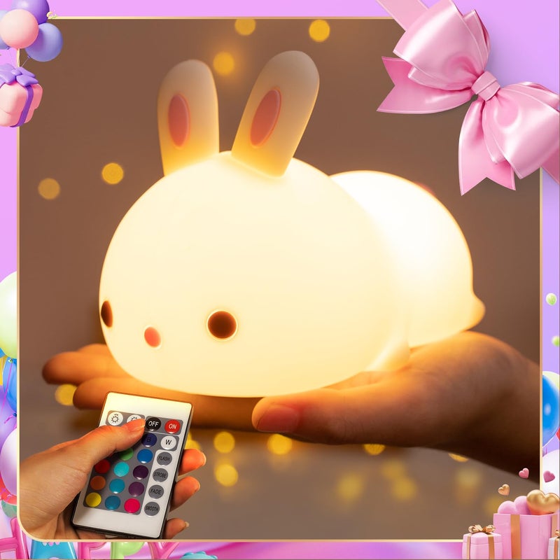 One Fire Night Light for Kids Room Timer Baby Toddler Nursery Animal Battery Remote Kawaii Night Lamp Cute Decor Easter Bunny Gift Basket Stuffers Decoration