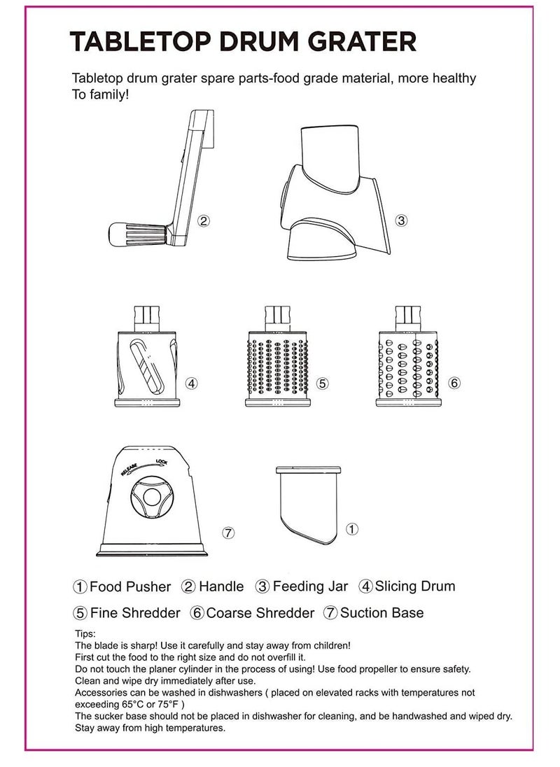 Generic - Manual Tabletop Drum Cheese Grater, 3 In 1 Rotary Shredder Slicer Grinder For Cucumber Nut Potato Carrot Cheese, Vegetable Salad Shooter - Image 1