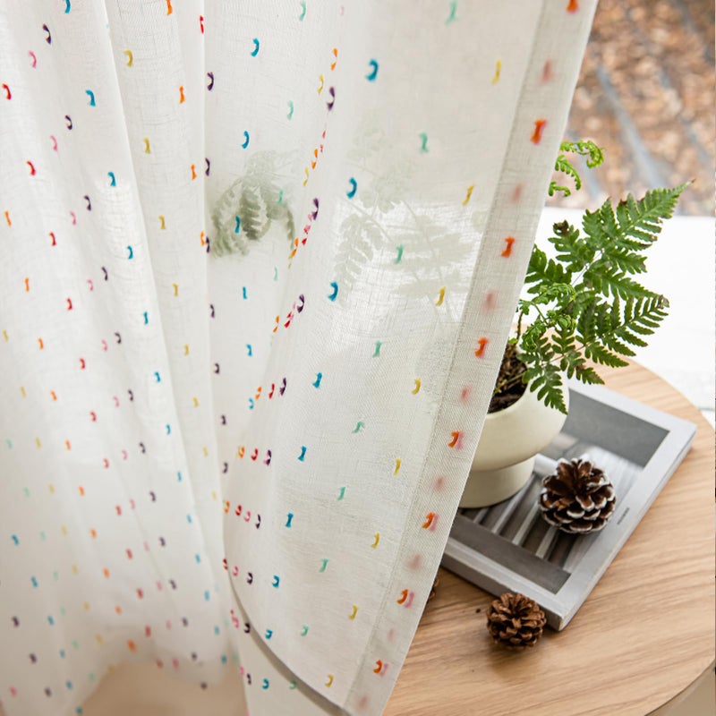 SUOUO Colorful Linen Textured Sheer Curtains for Living Room 84 inches Long 2 Panels Rod Pocket Boho Light Filtering White Window Drapes for Bedroom Dining - Image 5