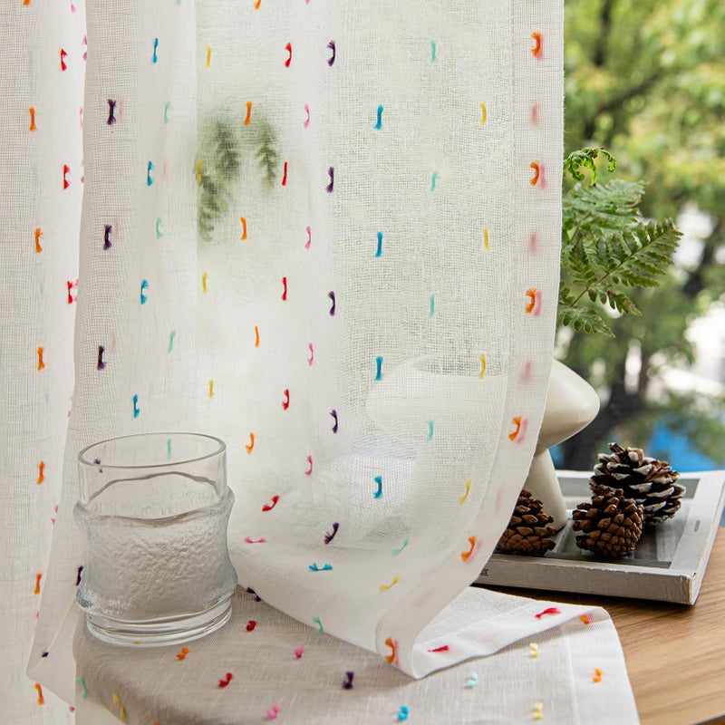 SUOUO Colorful Linen Textured Sheer Curtains for Living Room 84 inches Long 2 Panels Rod Pocket Boho Light Filtering White Window Drapes for Bedroom Dining - Image 1