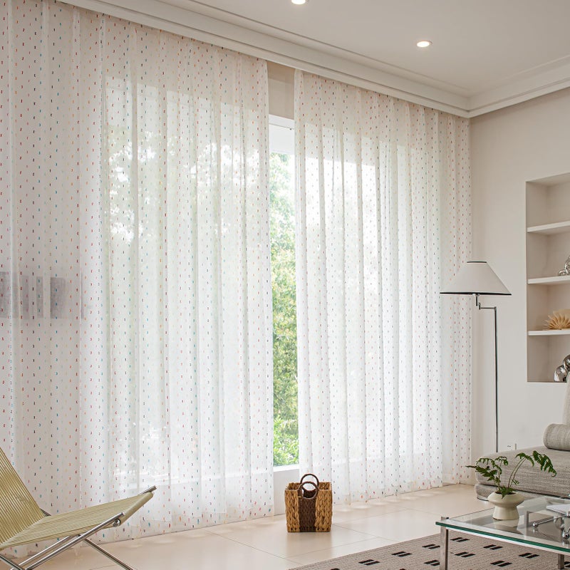 SUOUO Colorful Linen Textured Sheer Curtains for Living Room 84 inches Long 2 Panels Rod Pocket Boho Light Filtering White Window Drapes for Bedroom Dining - Image 2