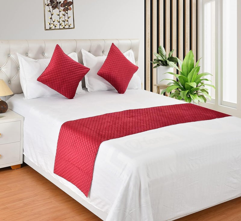 MONISTIC Home 200TC Quilted Velvet Bed Runner Scarf with Matching Cushion Covers/Bed Linen Scarf/Decorative Set for Bedrooms/Hotel Rooms/Guest Rooms. (Red) - Image 1