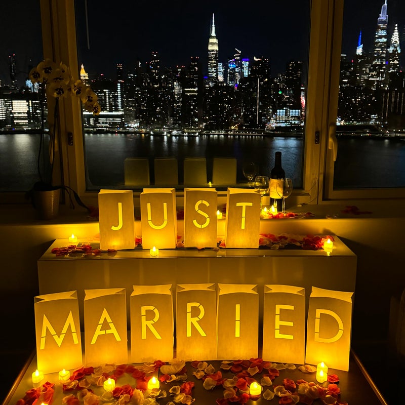 WYMM Just Married Light Up Letters with Tea Lights, Candles and Rose Petals - Luminary Paper Bags for Just Married Banner and Decorations - Image 1