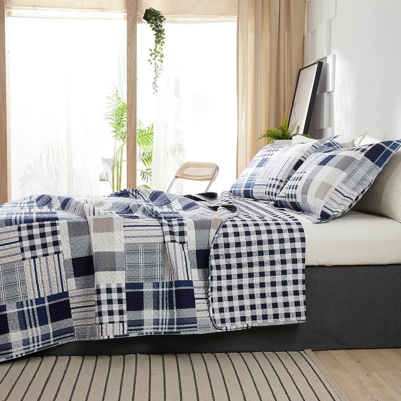 Green Essen Blue White Brown Plaid Quilt Set Full/Queen Size Reversible Patchwork Bedspread Lightweight Blanket Soft Breathable Buffalo Check Bedding Gingham Coverlet Checker Bed Set Geometric Home Decor - Image 4