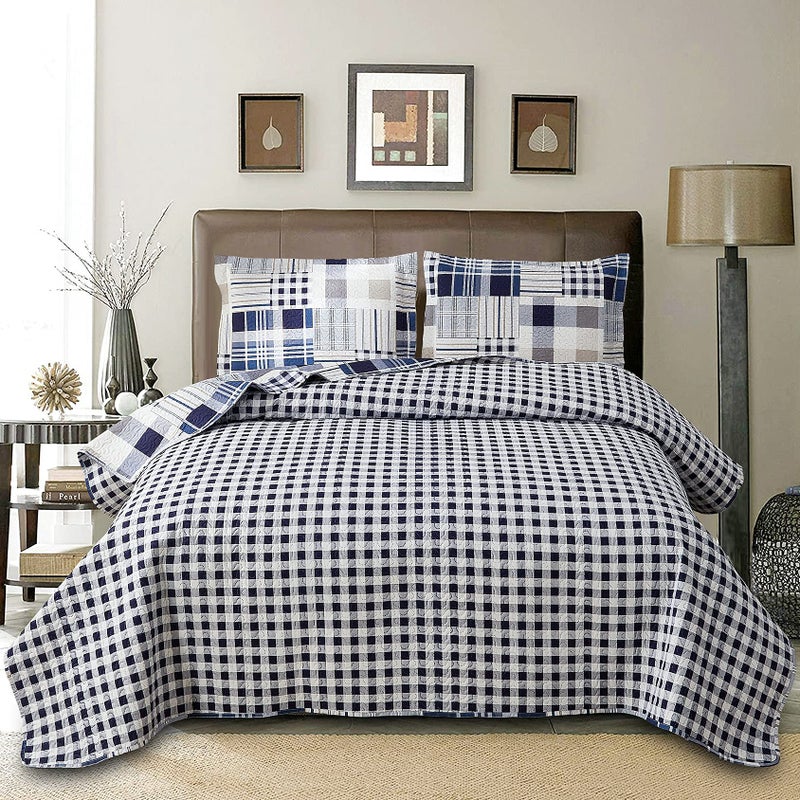 Green Essen Blue White Brown Plaid Quilt Set Full/Queen Size Reversible Patchwork Bedspread Lightweight Blanket Soft Breathable Buffalo Check Bedding Gingham Coverlet Checker Bed Set Geometric Home Decor - Image 2