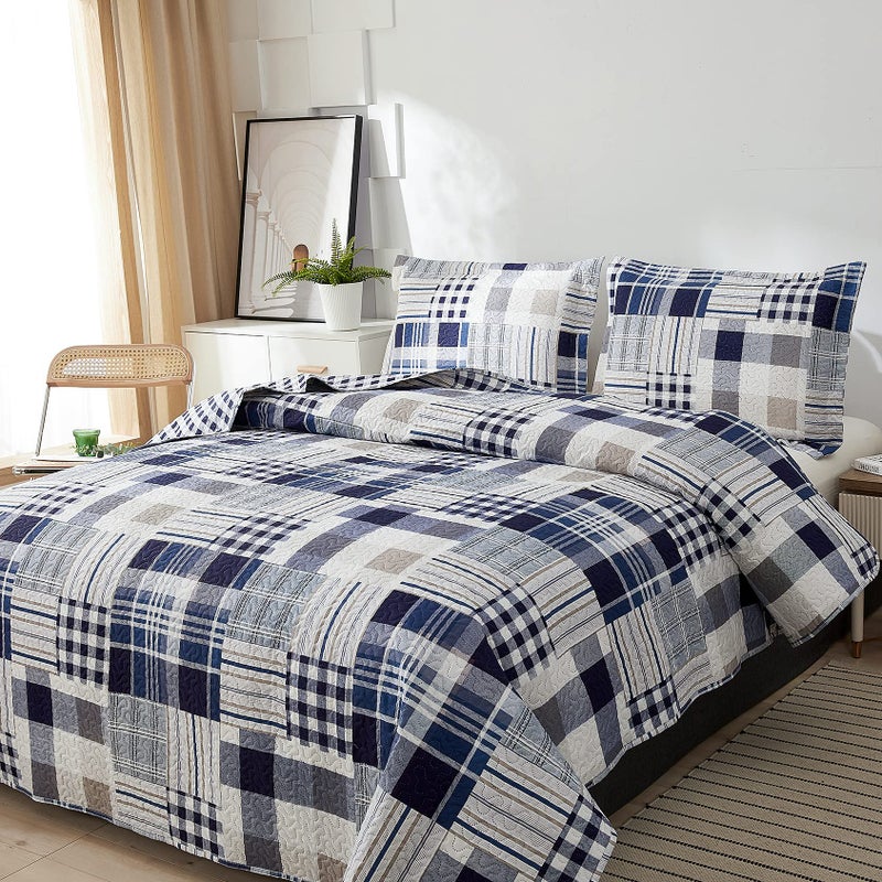Green Essen Blue White Brown Plaid Quilt Set Full/Queen Size Reversible Patchwork Bedspread Lightweight Blanket Soft Breathable Buffalo Check Bedding Gingham Coverlet Checker Bed Set Geometric Home Decor - Image 3