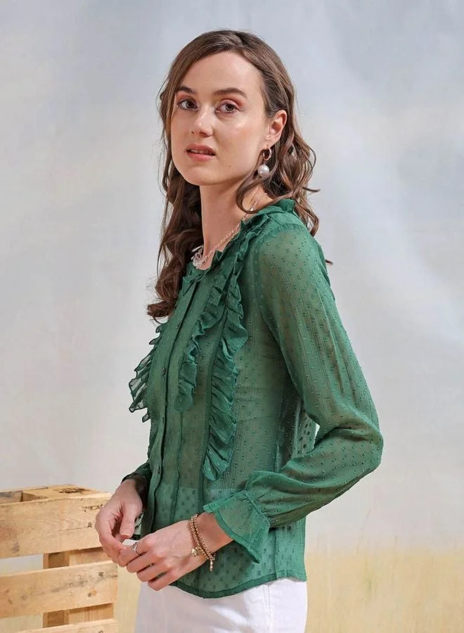 Women Regular Fit Textured Shirt Collar Long Sleeve Shirt