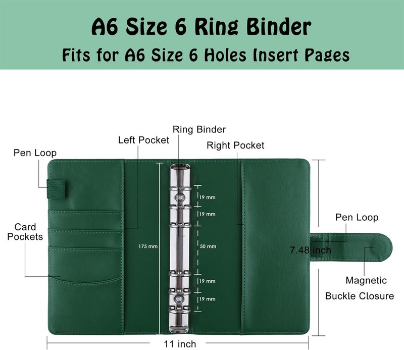 Antner A6 Notebook Binder 6 Ring Refillable Budget Planner Cover for A6 Refill Paper, PU Leather Loose Leaf Personal Planner Wallet Money Organizer Binder with Magnetic Buckle Closure, Dark Green - Image 2