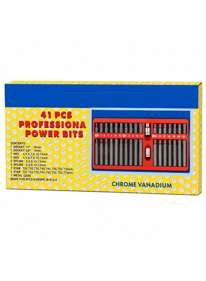 41 Piece Professional Power Bit Set, Chrome Vanadium Steel Hex, Spline, Torx and Star Bit Socket Set with 1/2 Inch and 3/8 Inch Drive Adapters - Image 1