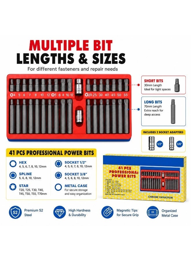 41 Piece Professional Power Bit Set, Chrome Vanadium Steel Hex, Spline, Torx and Star Bit Socket Set with 1/2 Inch and 3/8 Inch Drive Adapters - Image 3