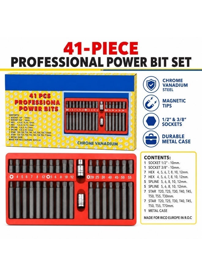 41 Piece Professional Power Bit Set, Chrome Vanadium Steel Hex, Spline, Torx and Star Bit Socket Set with 1/2 Inch and 3/8 Inch Drive Adapters - Image 2