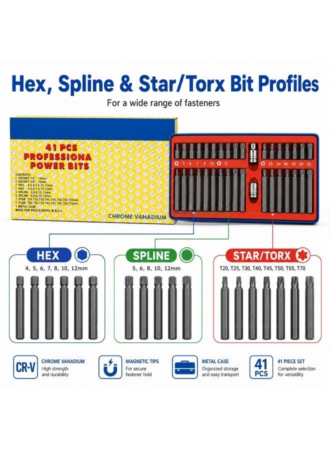 41 Piece Professional Power Bit Set, Chrome Vanadium Steel Hex, Spline, Torx and Star Bit Socket Set with 1/2 Inch and 3/8 Inch Drive Adapters - Image 4