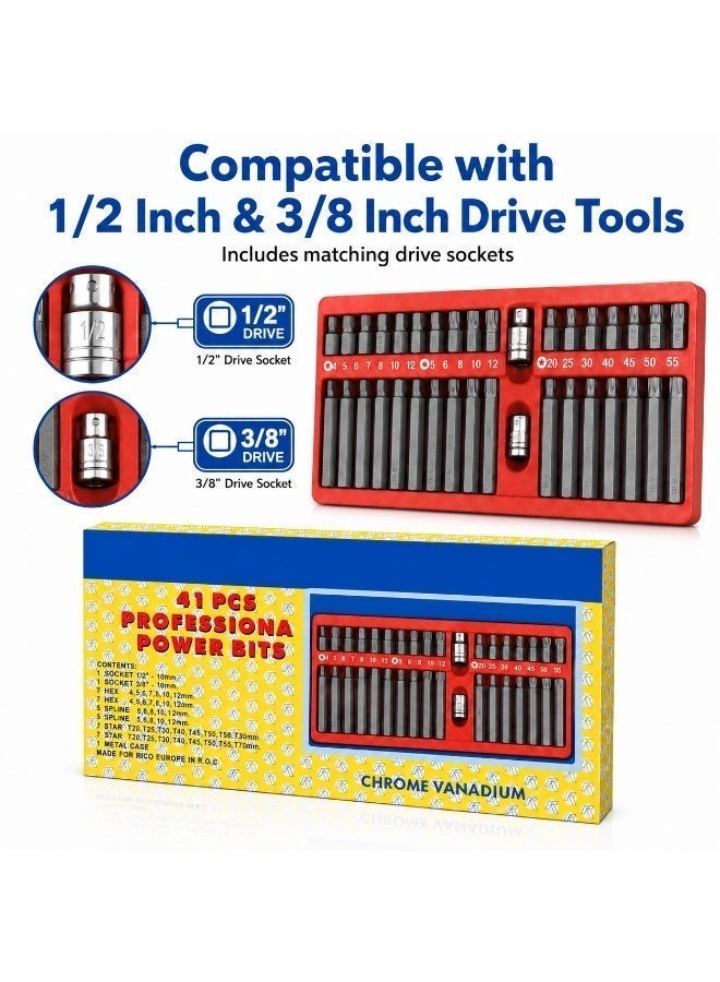 41 Piece Professional Power Bit Set, Chrome Vanadium Steel Hex, Spline, Torx and Star Bit Socket Set with 1/2 Inch and 3/8 Inch Drive Adapters - Image 5