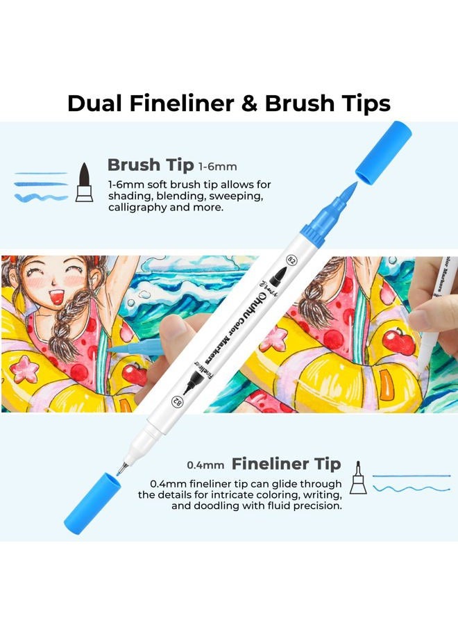 Ohuhu Markers لكتب تلوين البالغين بدون تسرب 60 لون أقلام تلوين مائية ذات طرفين أقلام رسم فرشاة وفاينلاينر أقلام فنية للأطفال والبالغين - ماوي - Image 3