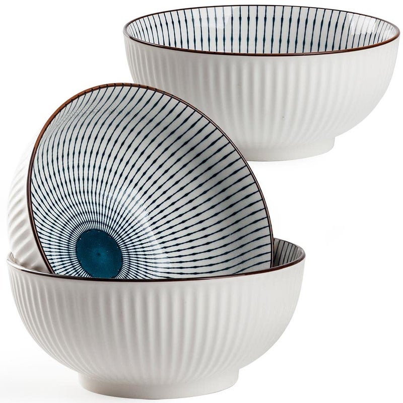 Hesen 60 oz Large Soup Bowl Pho Bowls Japanese Ramen Bowl Set Big Porcelain Bowls Set of 3 8 inches Stripe Pattern