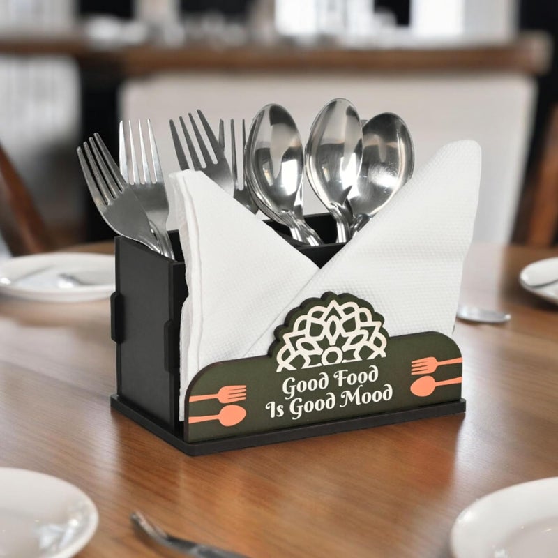 Gift Kya De GKD Wooden Cutlery Stand with Tissue Holder for Kitchen Dining Table 2 Compartments Spoon Knife Fork Holder Cutlery Organizer Black - Image 1