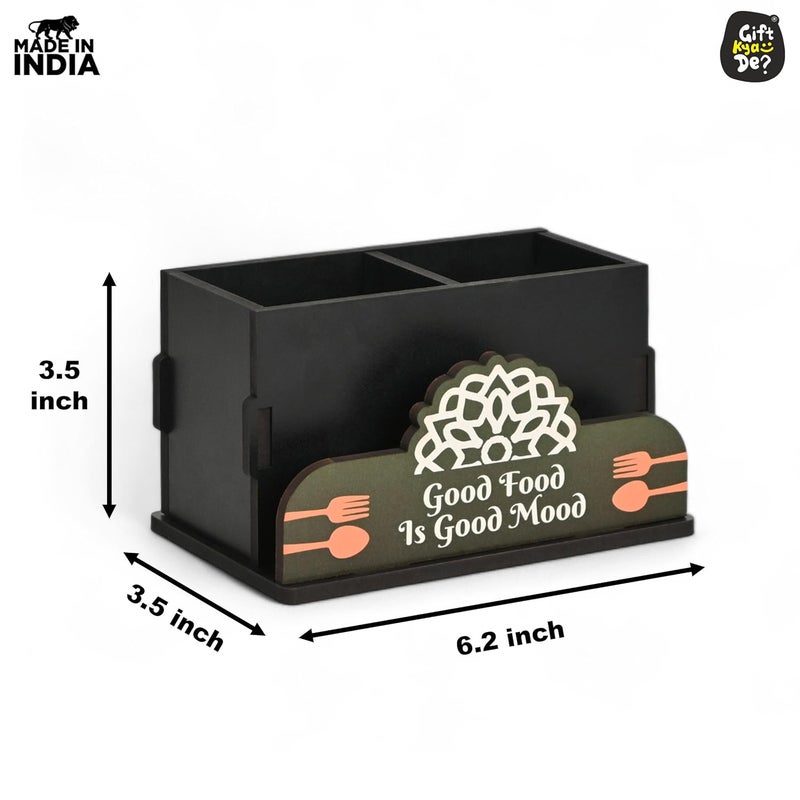 Gift Kya De GKD Wooden Cutlery Stand with Tissue Holder for Kitchen Dining Table 2 Compartments Spoon Knife Fork Holder Cutlery Organizer Black - Image 3