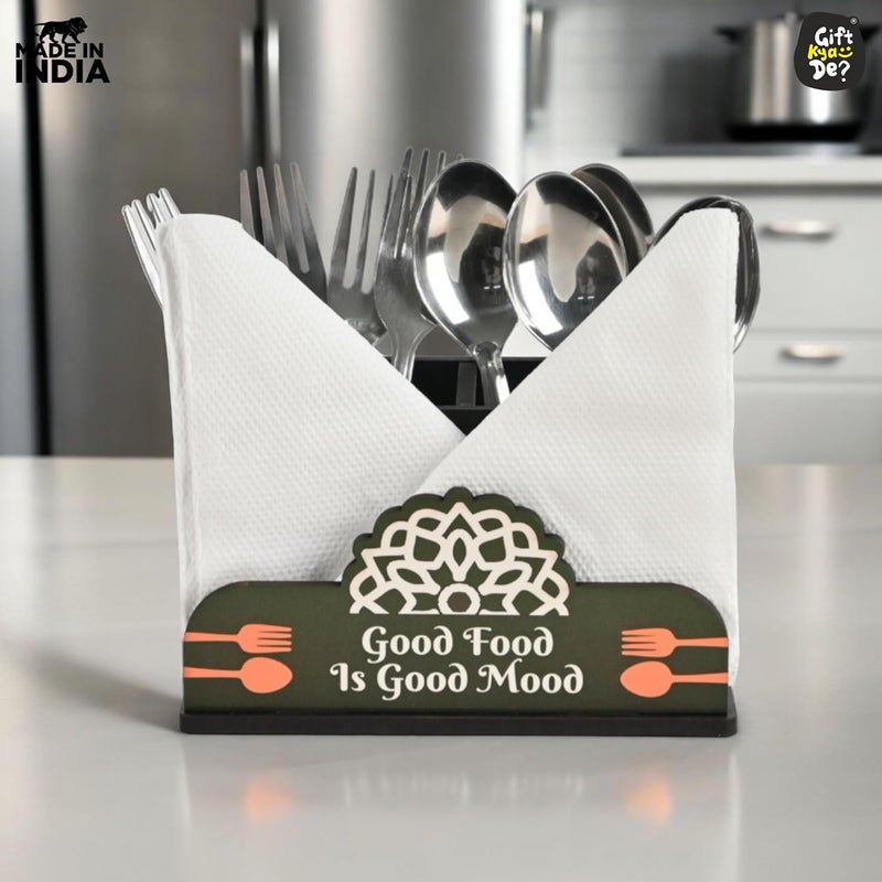 Gift Kya De GKD Wooden Cutlery Stand with Tissue Holder for Kitchen Dining Table 2 Compartments Spoon Knife Fork Holder Cutlery Organizer Black - Image 5