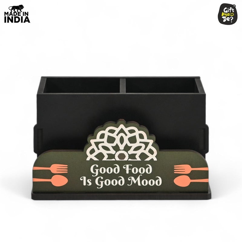 Gift Kya De GKD Wooden Cutlery Stand with Tissue Holder for Kitchen Dining Table 2 Compartments Spoon Knife Fork Holder Cutlery Organizer Black - Image 2