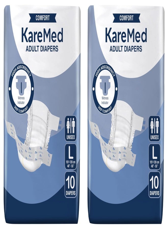 KareMed Comfort Adult Diapers, Large, Waist Size 101-139 Cm (40"-55"), Tape Style, Unisex, High Absorbency, Leak Proof, Wetness Indicator, 10 Count (Pack of 2)
